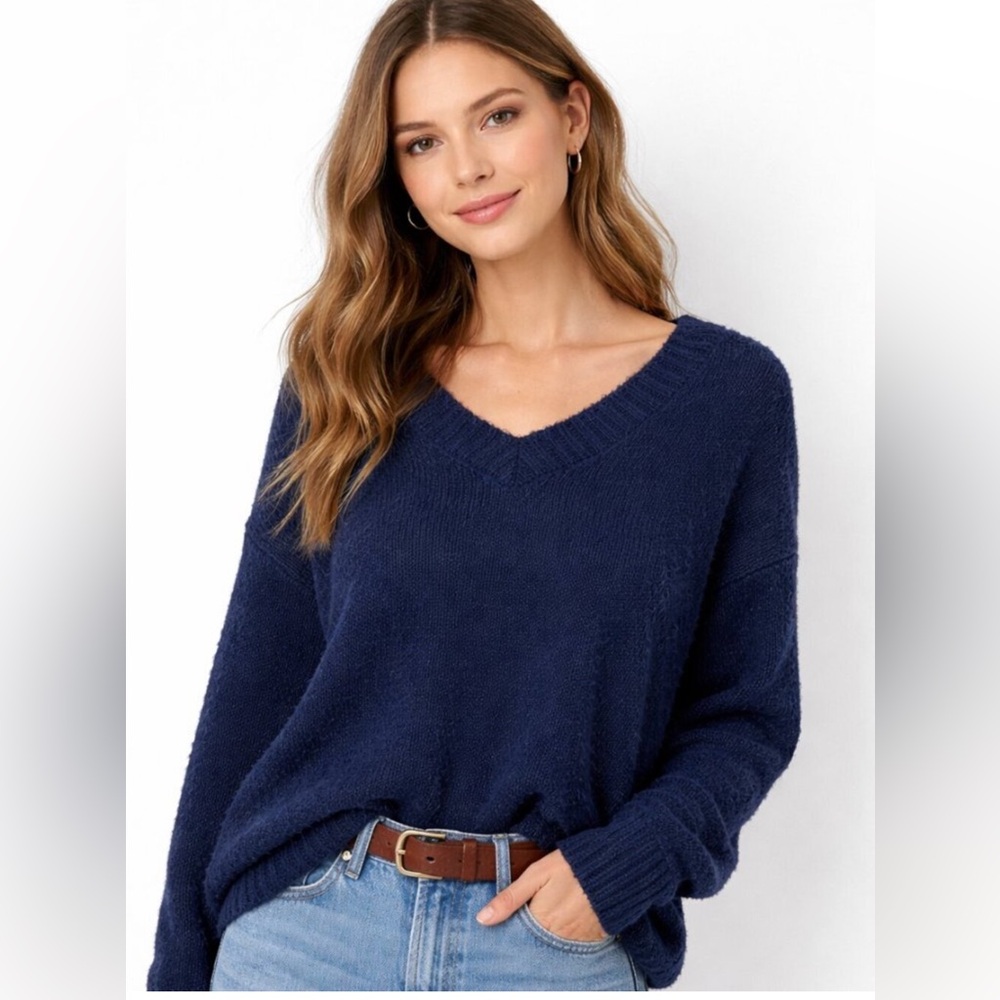 Aerie Navy Blue Teddy Boucle V-Neck Oversized Sweater